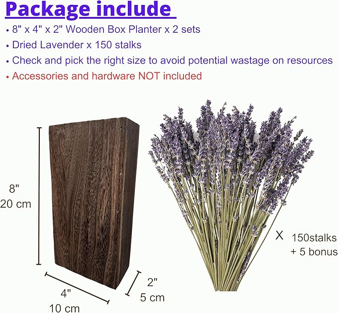 LaLaGreen Wood Wall Planters (8 Inch, 2 Pack) 150 Stalks of Lavender Dried Flower, Wooden Box Vases for Indoor Hanging Planter Rustic Decor Home Living Room Bathroom Modern Farmhouse Trendy Decoration