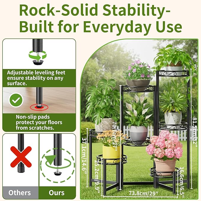 Metal Plant Stand Indoor Outdoor 7 Tier Multiple Flower Pot Holder Shelf Planter Display Shelving Unit for Patio Garden Corner Balcony Living Room Black Circle