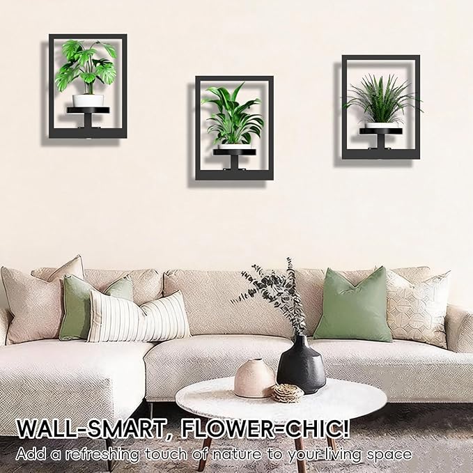 Wall Plant Stand, Metal Picture Frame Hanging Planters for Indoor Plants, Wall Mounted Plant Shelf for Window/Living Room/Bedroom/Entryway/Garden, Free Garden Shears (Square-Black, 3Pcs)