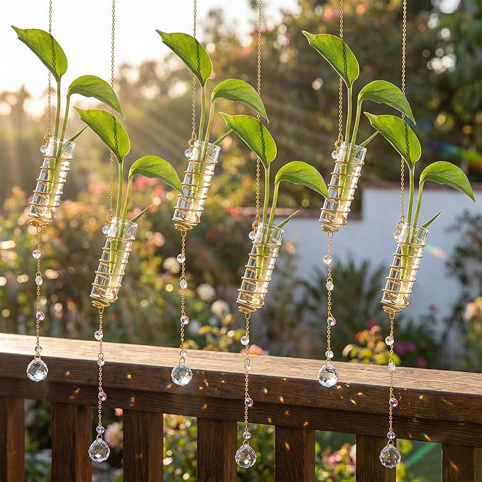 H&D HYALINE & DORA 6 Pcs Hanging Propagation Station with Crystal Ball Prisms Suncatcher and Cleaning Brush, Glass Wall Vases Crystals Prism Hanging Decor for Windows Home Wedding Decoration(Golden)