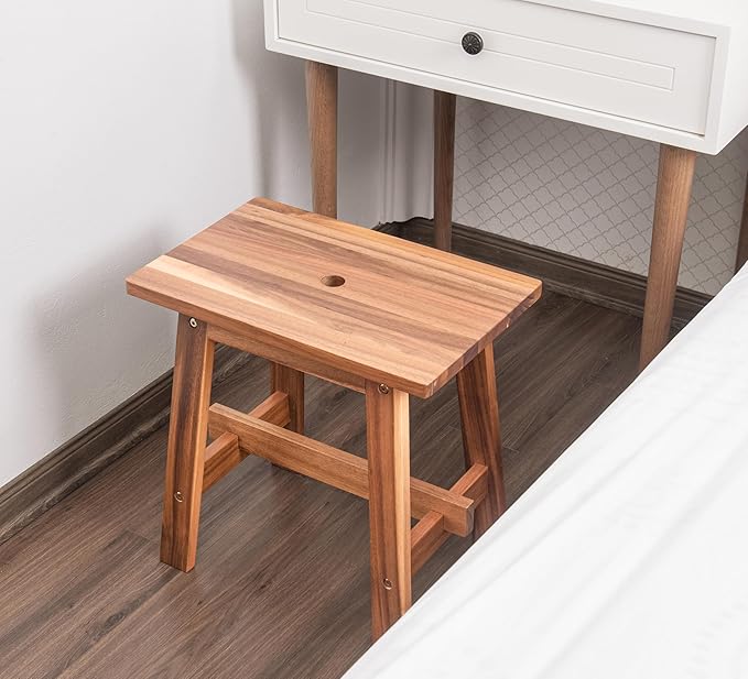 BEEFURNI Rectangular Acacia Wood Stool, Small Bench Seat, 18 Inch Stool, Wood Bathroom Vanity Bench, Plant Stand Indoor, 350 LBS Load Capacity, 1-Year Manufacturer Warranty (Natural Acacia)