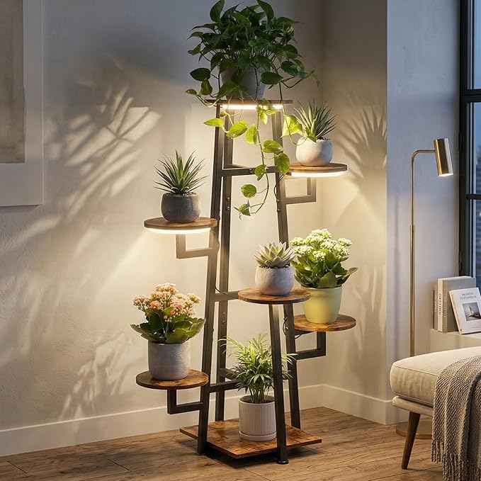7 Tier Plant Stand Indoor with Grow Light , Tiered Plant Stands for Indoor Plants Multiple, Corner Flower Stand for Living Room, Multi-Layer Vintage Design Plant Shelf