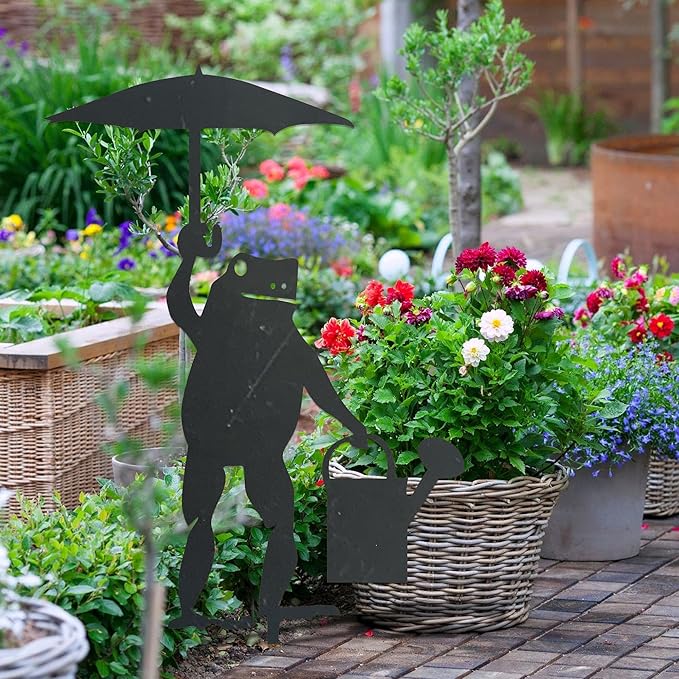 Rusty Metal Frog Garden Stake Funny Frog with Umbrella Rustic Nature Animal Country Weathered Iron Lawn Ornament Farm Yard Outdoor Decor,Black