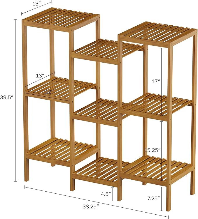 Multi-Level Plant Stand - Freestanding 9-Tier Bamboo Shelf - Indoor/Outdoor Shelving Unit for Storage, Flowerpots, Shoes, and Display by Pure Garden