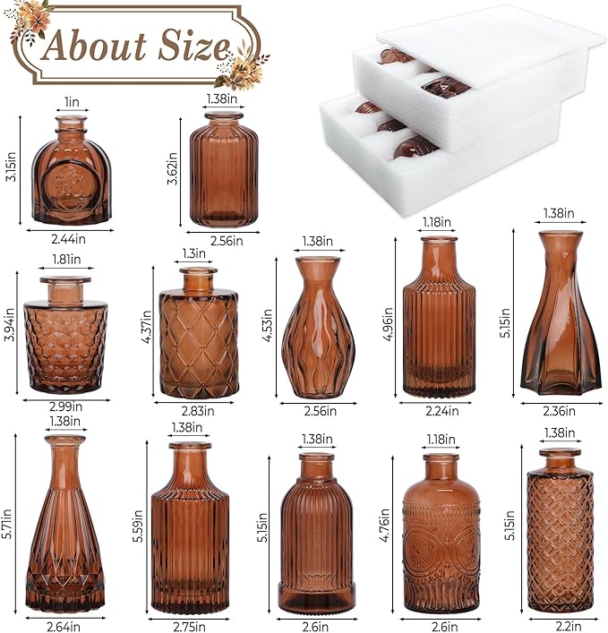 TBWIND 12-Piece Glass Bud Vase Set – Small Caramel Coffee Brown Etched Glass Vases with Unique Shapes and Weighted Base for Windowsills, Bathrooms, and Table Centerpiece Décor