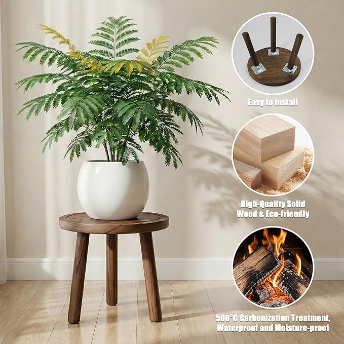 Wood Plant Stands Indoor, Updated Single Plant Stand Modern Plant Table for Large Plants, Wooden Plant Stool, Tall Plant Holder Small Round Side for Living Room, Balcony, Office (Dark Brown)