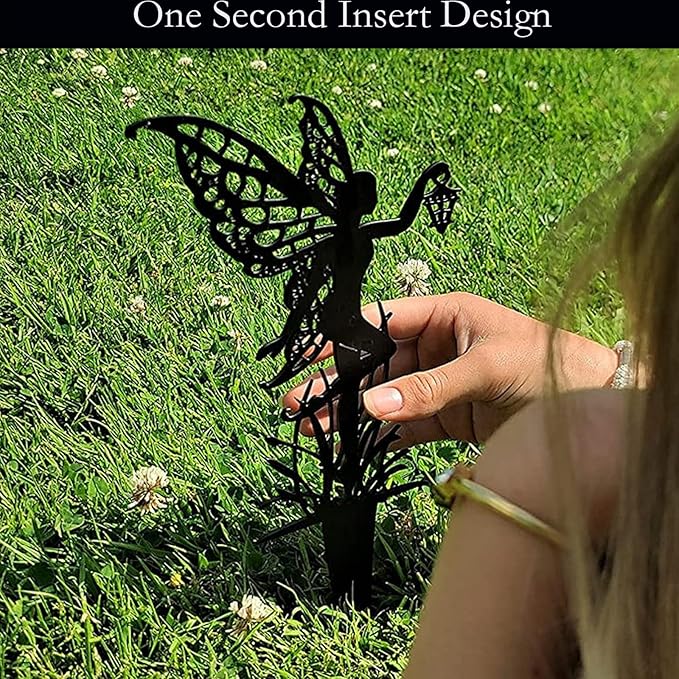 Decorative Garden Stakes， Fairy Garden Stakes, Butterfly Fairy Stakes for Weather Resistant Black Metal Outdoor Decorative Art for Women Gift (Matte Black, 18P-A)