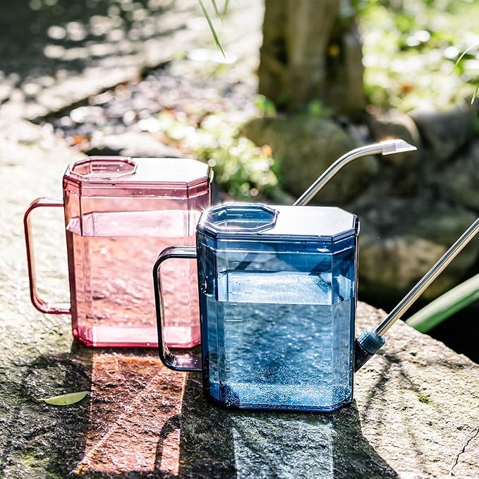 1L Small Watering Can for Indoor Plants, Lightweight Watering Can Outdoor with Long Spout, Indoor Waterings Cans for House Plants, Clear Plastic Waterings Cans for Garden Flower (Pink)