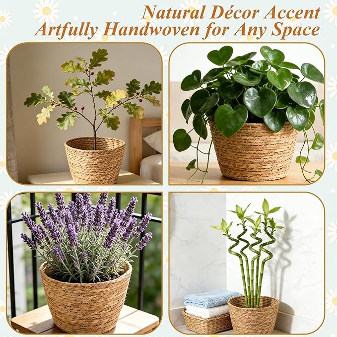 2PCS Seagrass Plant Basket for Indoor and Outdoor,Wicker Large Planter Basket for 6 inch Pot,Rattan Plant Pot Covers for Potted Plants,Woven Storage Baskets for Rustic Boho Farmhouse Decor