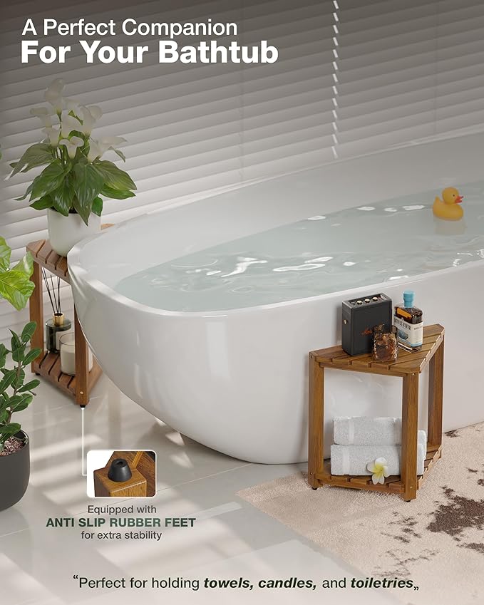 BLUEWEST 16.5" Acacia Wood Corner Shower Stool, Wooden Corner Shower Bench for Shaving Legs Inside Shower, Waterproof Shower Foot Rest with Storage Shelf, Shower Seats and Benches