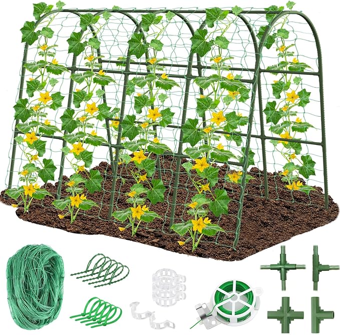 Cludoo Cucumber Trellis for Raised Bed Garden, U-Shape Arch Trellis for Climbing Plants Outdoor, Metal Vegetables Trellis with Netting, Garden Trellis for Cucumber Plants Sweet Pea Bean Grape