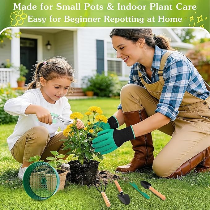 Gardening Tool Set, 18PCS Indoor Plant Tools for Succulents, Bonsai & Herbs, Mini Garden Tools with Repotting Mat for Indoor Plants, Soil Scoop, Pruner, Gloves, Plant Ties & Labels
