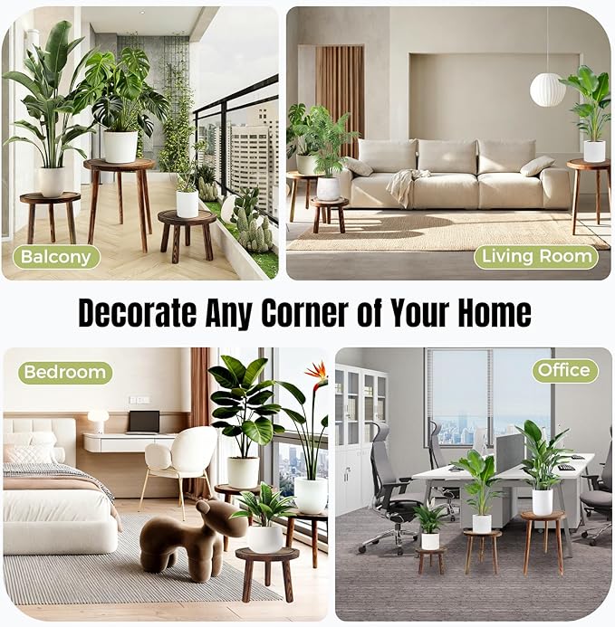 Janedream 3-Pack Wooden Plant Stands, Indoor Small Plant Stool Set, Multi-Purpose Single Plant Table for Living Room, Balcony, Office & Corner Display