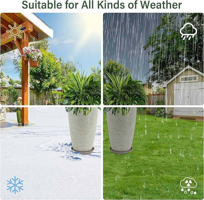 Neoaider Set of 2 Lightweight Ceramic-Look Tall Planter, 21 inch Large Plastic Planter with Drain Hole & Saucers, Large Outdoor Planters for Porch, Garden, Patio, Balcony(Drip Glaze)