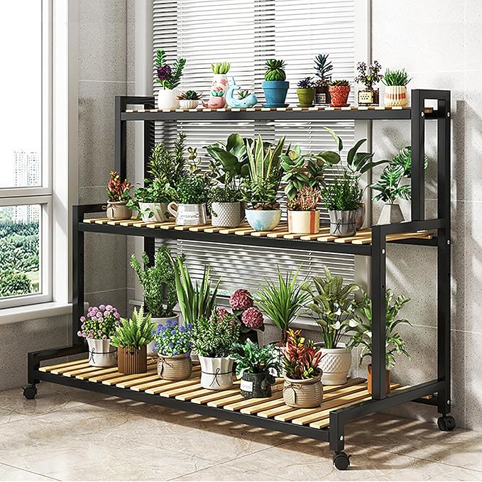 4-Tier Bamboo Plant Stand - Multi-Layer Metal Flower Rack, Indoor Succulent Holder, Ladder Style Wooden Decor for Home & Garden, Decorative Pot Shelf