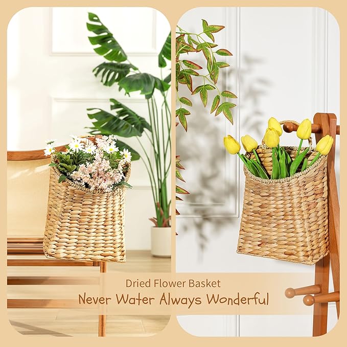 Front Door Basket - Rustic Farmhouse Hanging Door Basket, 13x8.5 Inch Water Hyacinth Hanging Woven Basket with Seagrass Mouth for Plants, Mail & Flowers Storage, Entryway Home Decor