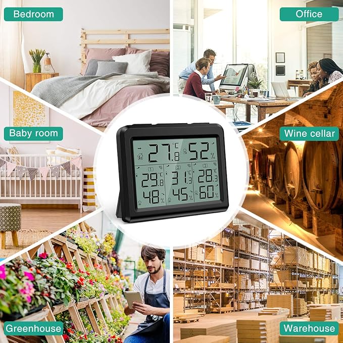 ORIA Indoor Outdoor Thermometer, Digital Hygrometer Thermometer with 3 Wireless Sensors, Temperature Humidity Monitor Meter with LCD Backlight, for Home, Office, Bedroom, Black