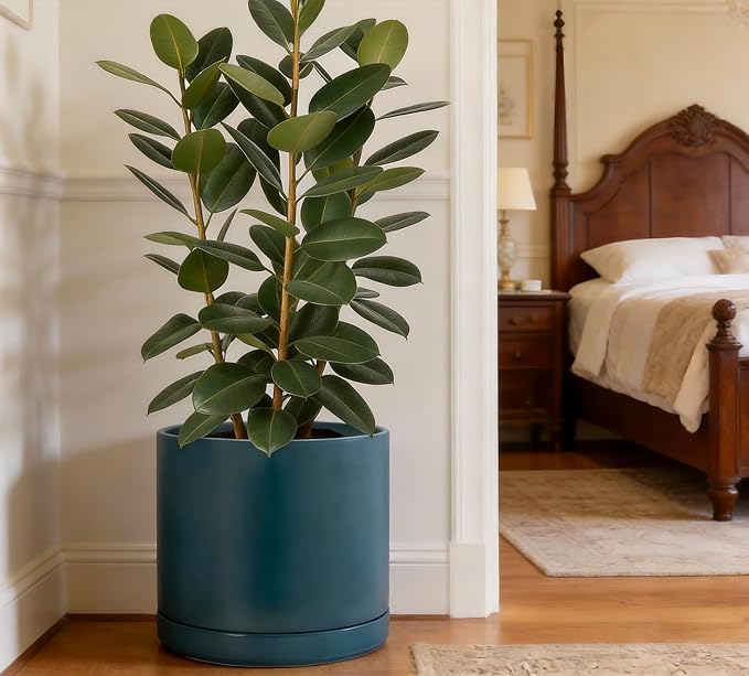 D'vine Dev 14 Inch Ceramic Planter Pot with Drainage Hole and Saucer, Indoor Cylinder Round Planter Pot, Teal, 94-O-G-9