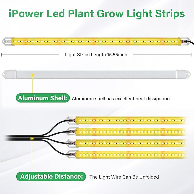 iPower 60W LED Plant Grow Light Strips Full Spectrum for Indoor Plants with Auto ON/Off 3/9/12H Timer, 10 Dimmable Levels 48 LEDs Per Tude, for Hydroponics Succulent, 4 Tubes, Yellow
