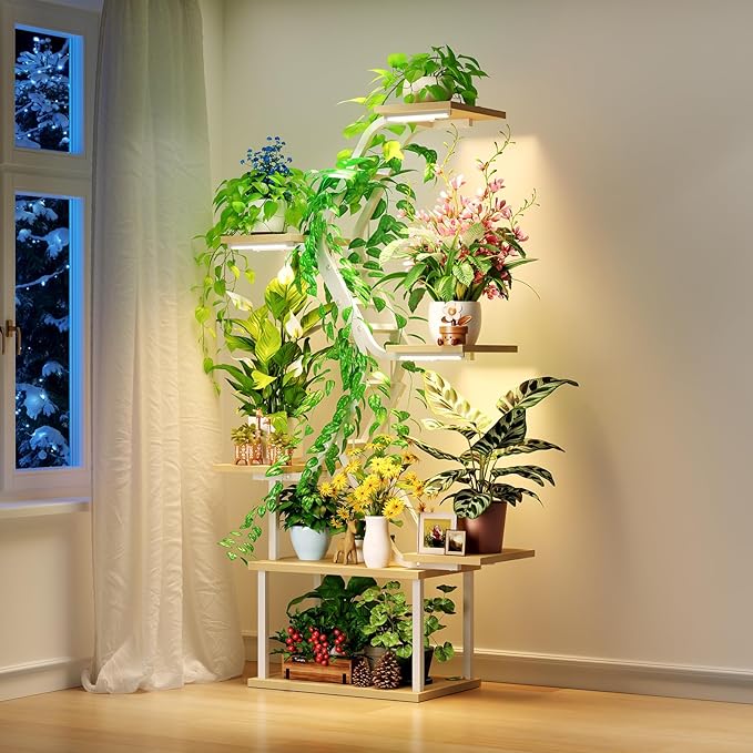 White Plant Shelves with Grow Lights: 7-Tier 65" Tall Modern Plant Stand for Indoor Corners, Living Room Display or Bedroom Gardening Rack