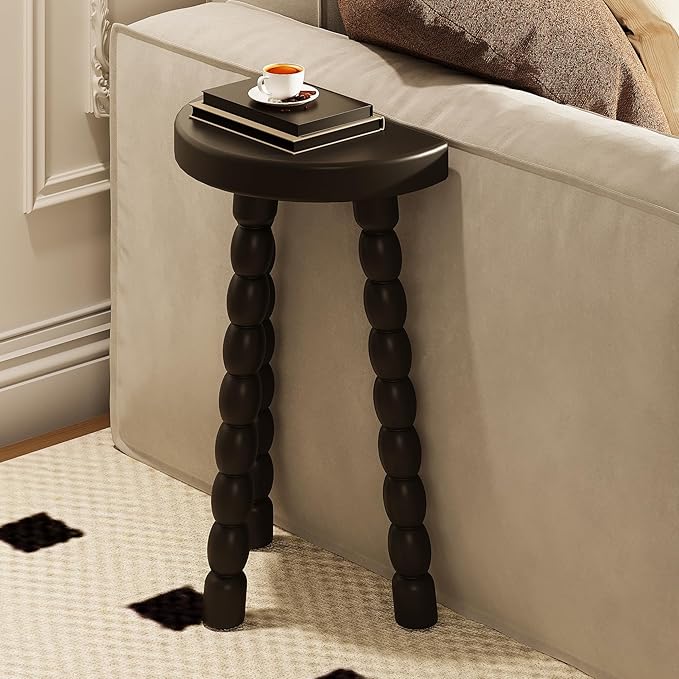 LitaEther Wooden Bobbin Side Table - Plant Stand - Half Round Table - Wooden Accent Stool- Minimalist Decorative Table for Bedroom, Hallway, Living Room (2, Black)