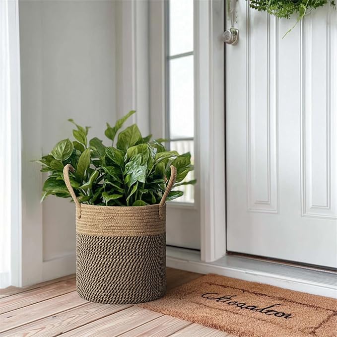 Round Wicker Basket with Handle, 11" Woven Jute Plant Basket for 10" Pot, Indoor Boho Tree Planter, Decorative Flower Pot Cover, Rustic Holder for Plants, Shoe Bin for Entryway, Black Stripes