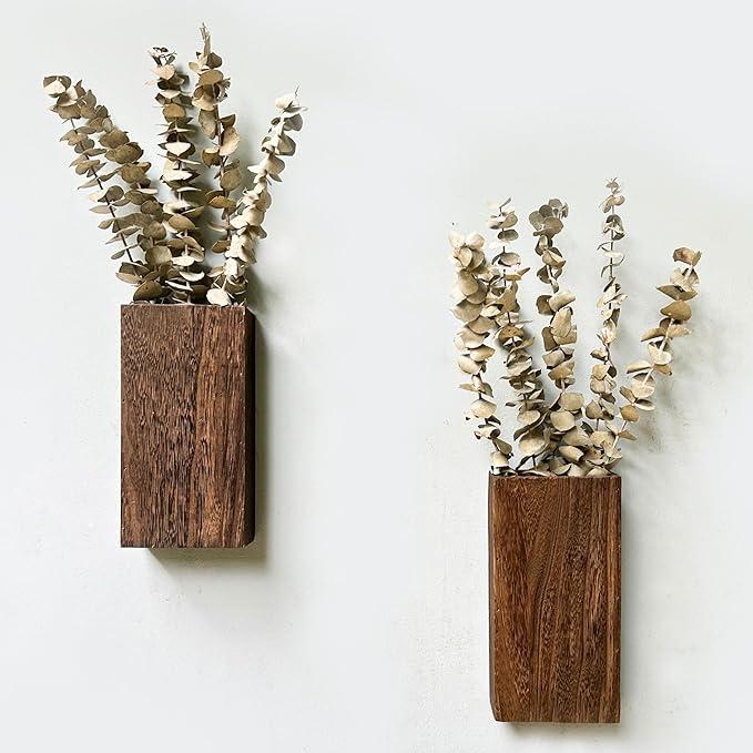 LaLaGreen Wood Wall Planters (8 Inch, 2 Pack) 12 Stalks of Eucalyptus Dried Leaves, Wooden Box Vase for Indoor Hanging Planter Flower Rustic Decor Home Living Room Bathroom Modern Farmhouse Decoration