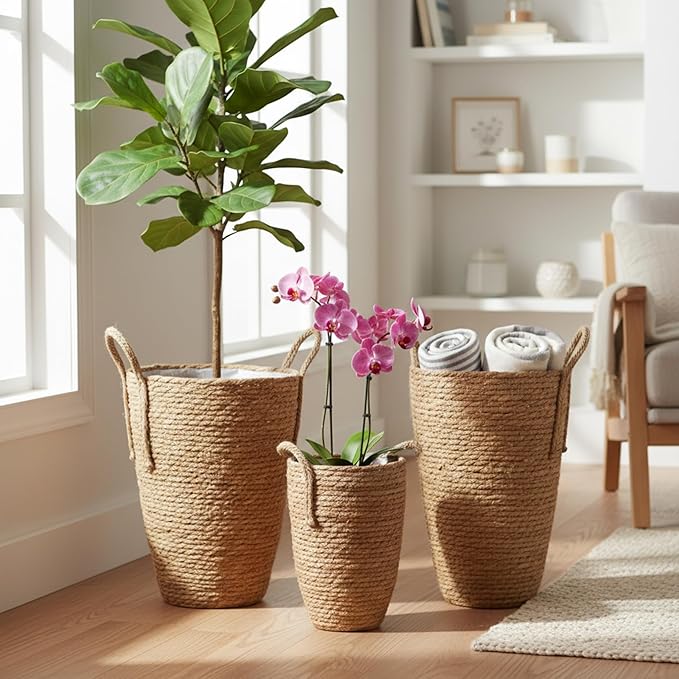 Woven Basket for Plant, 3PCS Rattan Planter, 3 Sizes Seagrass Woven Plant Basket with Waterproof Liner, Baskets Indoor with Handle for Balcony Home Decoration