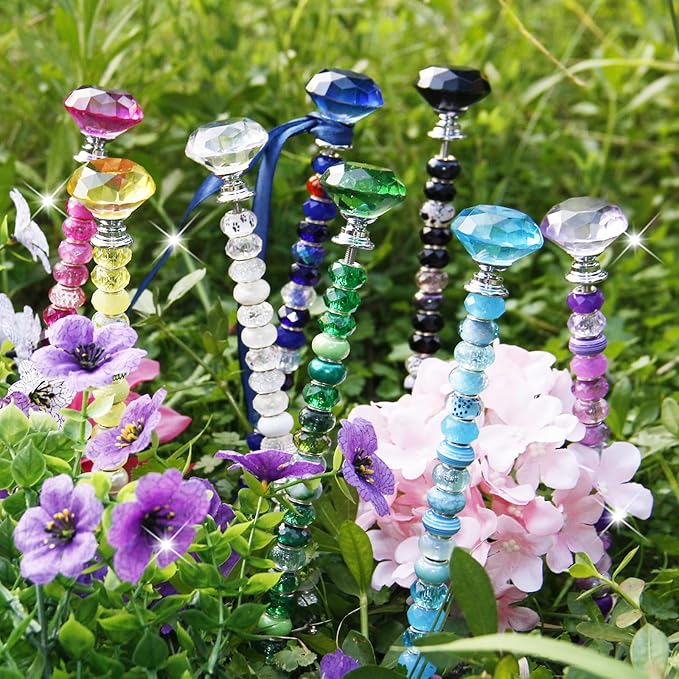 291 Pcs Beaded Garden Stakes Kit, DIY Fairy Wand Garden Stakes Beads Kit Colorful Large Hole Bead Crystal Stopper Top 10 Stainless Steel Threaded Rod Beaded Fairy Wands Supplies For Outdoor Decorative