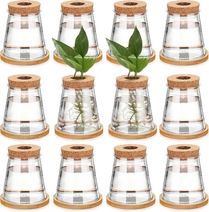 Baderke 12 Packs Propagation Vases for Plants Plastic Plant Propagation with Hole Lid and Bamboo Stand Growing in Water Hydroponic Home Office Desktop Vase Decoration (Cute Style)