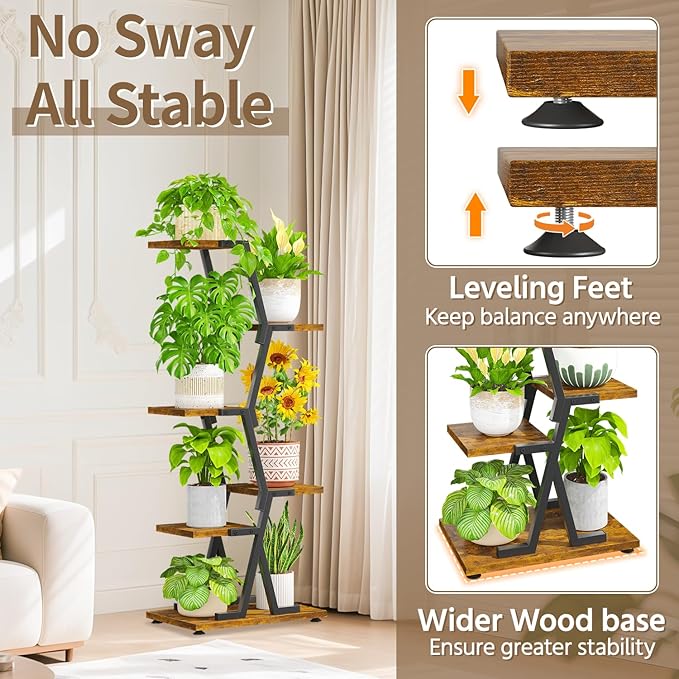 LASZOLA Black 5 Tier Tall Wood and Metal Plant Stand Indoor with Grow Lights, Large Heavy Duty Vertical Corner Flower Rack for Multiple Planter, Sturdy Rustic Shelf Holder Organizer for House Patio