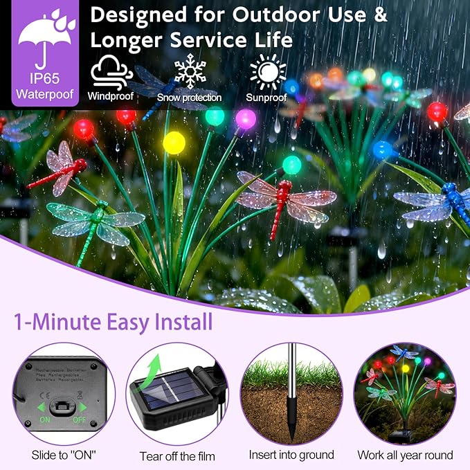 4 Pack Dragonfly Decorative Garden Stakes, 16Pcs 3D Dragonfly Decorations with Multicolor Solar Firefly Lights Realistic Dragonflies Solar Lights Outdoor for Yard Art Patio Plant Pot Flower Bed Lawn