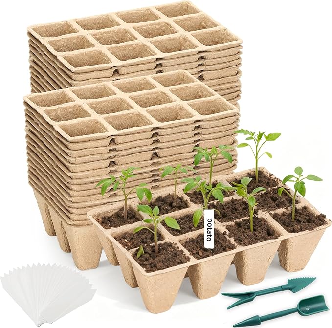 Seed Starter Tray - 300 Cells Biodegradable Peat Pots for Seedlings, 25 Packs Garden Germination Seedling Starter Trays with Drain Holes, Organic Seed Starter Kit with Plant Labels(Khaki)