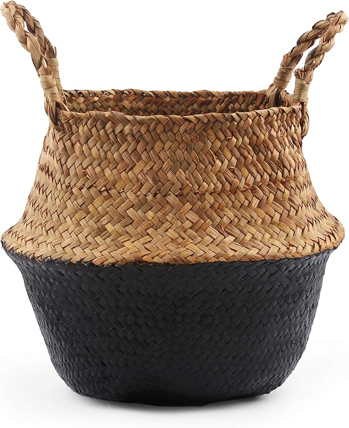 Woven Seagrass Belly Basket for Storage, Laundry, Picnic, Plant Pot Cover, and Grocery and toy storage (Medium, Black)