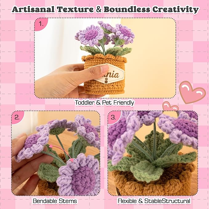 Crochet Flowers with Personalized Leather Name Tag Handmade Knitted Flowers for Home Office Desk Decor Crochet Daisy Potted Plant Crochet Gift for Women,Mom,Teacher, Friend, Birthday(Purple)