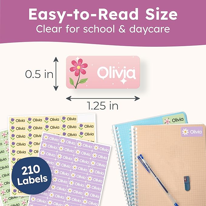 Personalized Name Labels for Kids (210 Labels) - Durable & Waterproof Custom Name Stickers for Clothing Tags, School Supplies, Camp & Daycare - Flowers (1.2”x0.5”)