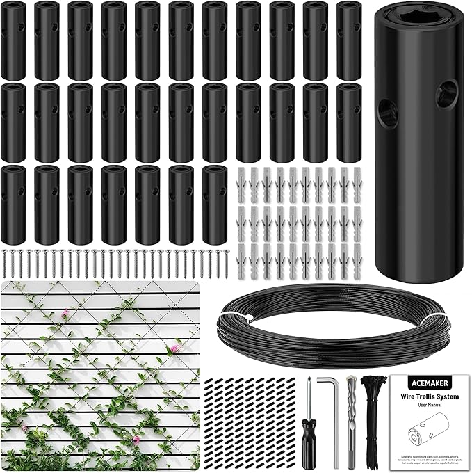 Wire Trellis for Climbing Plants Outdoor, 30-Set Wall Wire Trellis Kit with 1/8in x 150ft Vinyl Coated Cable, Black T316 Cylindrical Espalier System for Fence and Garden DIY Projects