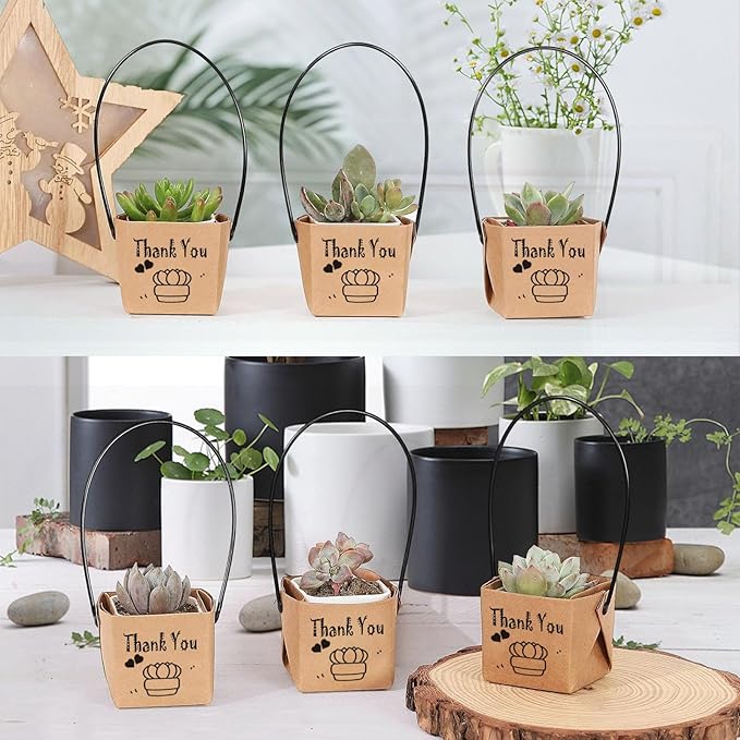 50PCS Thank You Succulent Wrap, Fits 2 Inch Pots Succulent Wrap Bag with Plastic Handle Kraft Paper Sleeve Succulent Tags for Shower Party Favors Ideas (50PCS-Thank You)