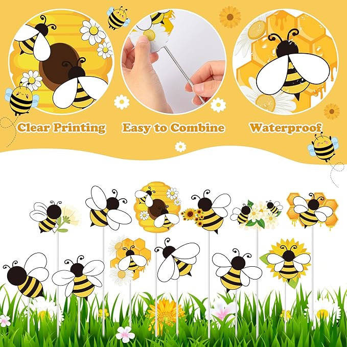 Bee Garden Stake Decor - 12 Pcs Yellow Working Bee Art Stick Floral Picks Garden Yard Metal Decorative Stake Sign Spring Summer Outdoor Backyard Pathway Lawn Plant Flower Pots Decoration