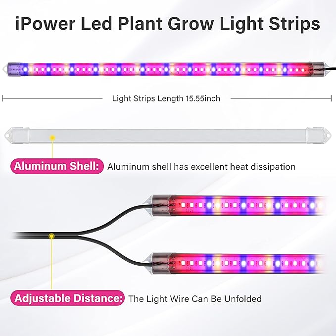 iPower 20W LED Plant Grow Light Strips Full Spectrum for Indoor Plants with Auto ON/Off 3/9/12H Timer, 10 Dimmable Levels 48 LEDs Per Tude, for Hydroponics Succulent, 2 Tubes, Mix