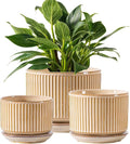 SURE YUESI Beige Ceramic Plant Pots Set of 3 (4.3”+5.5”+6.7”), Striped Planters with Drainage Hole, Saucer & Mesh Pads, Decorative Pots for Indoor & Outdoor Plants