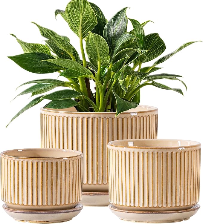 SURE YUESI Beige Ceramic Plant Pots Set of 3 (4.3”+5.5”+6.7”), Striped Planters with Drainage Hole, Saucer & Mesh Pads, Decorative Pots for Indoor & Outdoor Plants