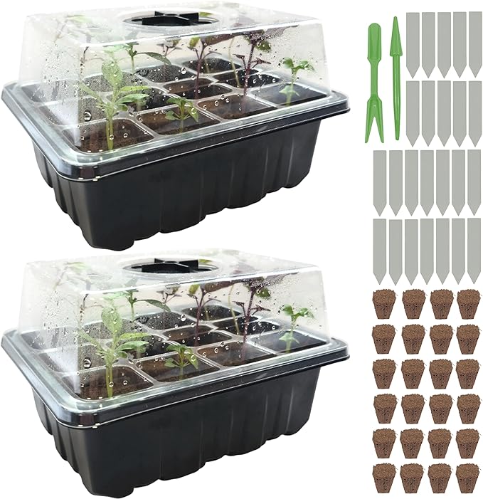 Seed Starter Tray Kit – Indoor Seed Starting Kit with Humidity Domes (2-Pack), 12-Cell Seed Starter Trays, 24 Organic Grow Plugs, Labels & Replanting Tools