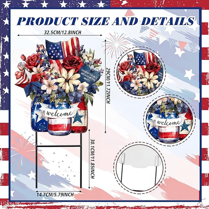 Amyhill 4th of July Metal Outdoor Decor Garden Stakes Patriotic Mason Jars Welcome Yard Signs Decorations Red White Blue Garden Stakes for Independence Memorial Day Patio Lawn Walkway Outside