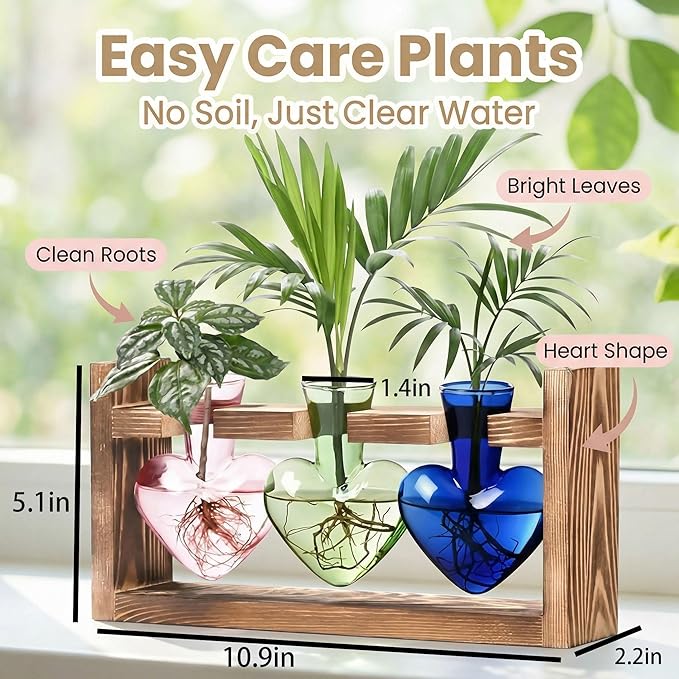 Plant Propagation Station 3Pcs Heart Vase with Wooden Stand Tabletop for Hydroponics Indoor Home Table Decor for Her Plant Lovers Women Mom Wife Daughter (Three Colors)