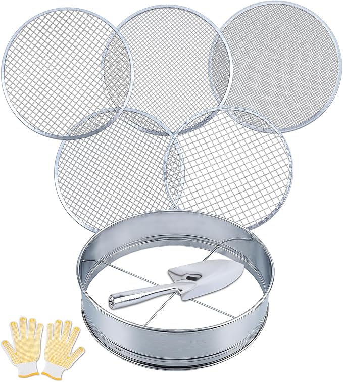 5-in-1 Soil Sifter Set with 5 Replaceable Stainless Steel Mesh Screen & Shovel (1/8" to 1/2"), Soil Sifter for Soils, Compost, Bonsai, Cat Litter and More（11-5/8" Diameter）