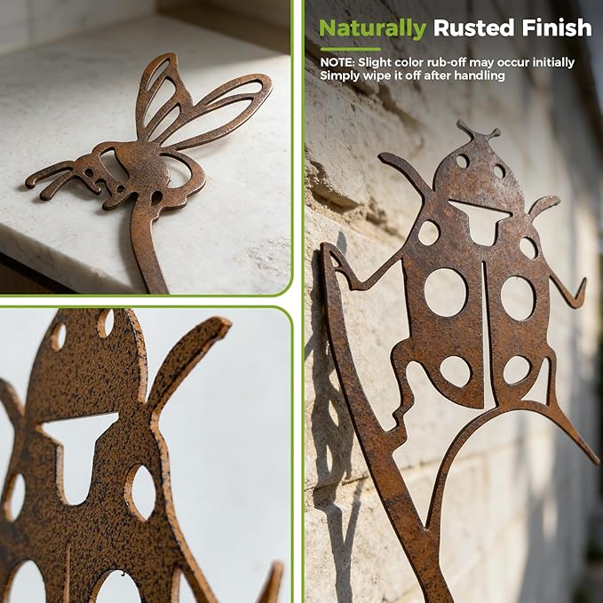 KODIBO 4-Pack Metal Garden Stakes Outdoor Decor, Vintage Rust Patina Bird Bee Butterfly Ladybug Garden Stake Set, Decorative Yard Art for Flower Bed, Planters, Patio & Lawn, Gift for Garden Lovers