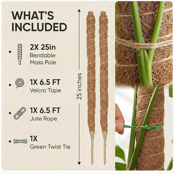 5 Pack Moss Pole, Bendable Plant Support, 2 Pcs Moss Pole Sticks, Coco Coir Plant Support Stakes Kit for Small Potted Climbing Plants Indoor DIY, Indoor Plants to Grow Upwards