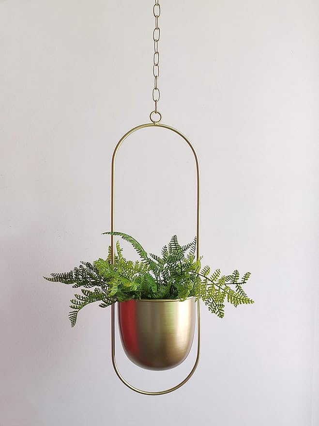 RISEON Boho gold Metal Plant Hanger,Metal Wall and Ceiling Hanging Planter, Modern Planter, Mid Century Flower Pot Plant Holder, Minimalist Planter for Indoor Outdoor Home Decor