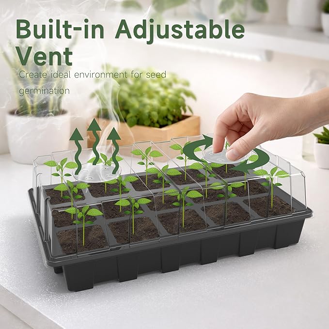 Gardzen 10-Pack Seed Starter Kits, Reusable Plant Germination Trays with Total 150-Cell, Seed Starter Tray with Humidity Vented Domes and Bases for Starting Vegetable Flower Herb Seeds 15" x 9"